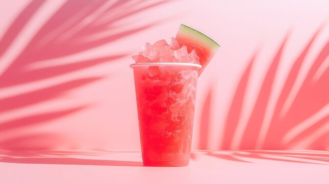 Refreshing pink drink in tropical style, vibrant cocktail in a tall glass with palm leaves in the background, ideal for summer vibes.