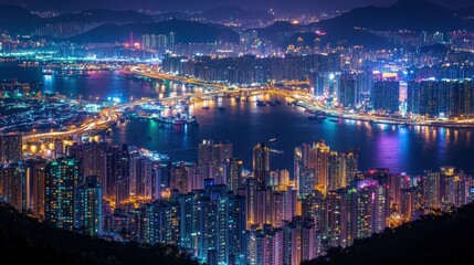 Obraz premium Vibrant City Lights at Night Overlooking a Coastal Urban Landscape