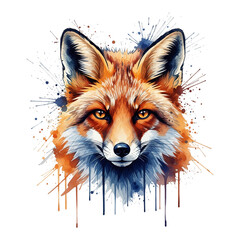 Fototapeta premium Watercolor fox portrait with paint splatters isolated on transparent background