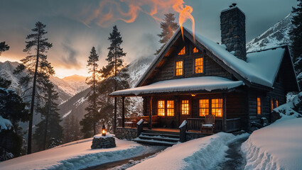 Cozy wooden cabin glowing in snowy mountain valley at sunset