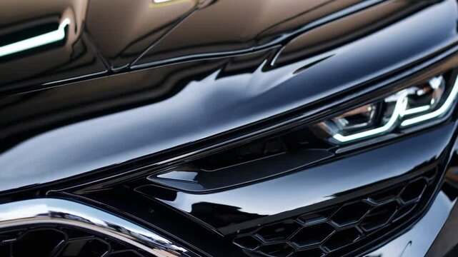 Close-up showcase of the elegant black brand new car model grill