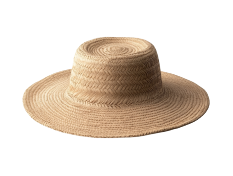 Natural straw hat with wide brim and intricate weave pattern on white background