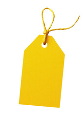 A vibrant yellow price tag with a string- perfect for labeling products or gifts with a bright and cheerful touch. Isolated on transparent background- png.