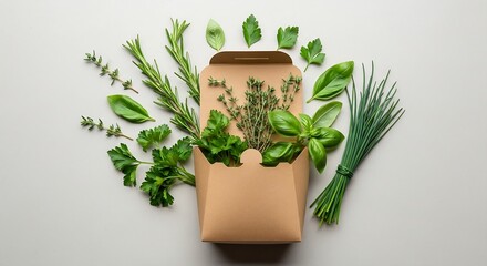 Fresh culinary herbs arranged artfully in a paper envelope with a variety of green leaves and sprigs, creating a natural and healthy cooking theme