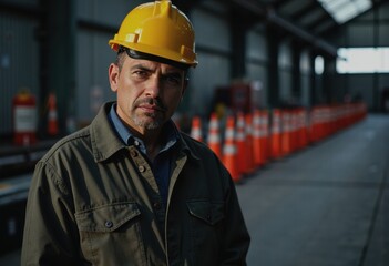 Road maintenance depot aide standing confidently near a cone rack