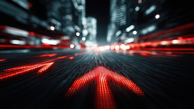 Red glowing arrow lights in futuristic city - Powered by Adobe