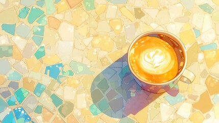 Warm coffee cup on colorful textured surface, inviting morning vibe, ideal for cozy café or motivational content.