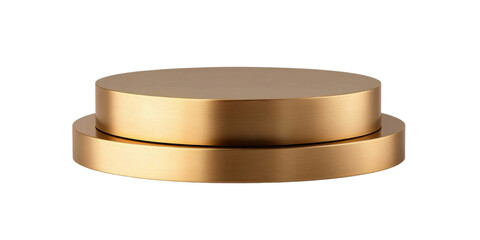 A two-tier gold pedestal stand designed for product display- featuring a sleek and modern finish....