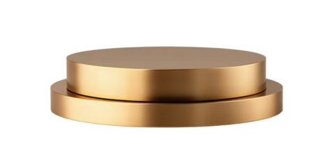 A two-tier gold pedestal stand designed for product display- featuring a sleek and modern finish. Isolated on transparent background- png.