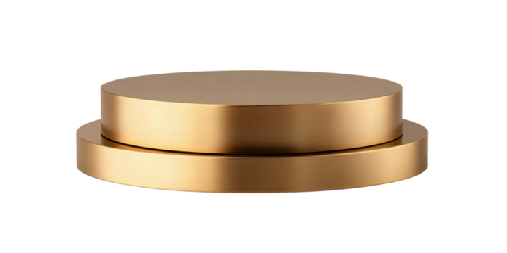 A two-tier gold pedestal stand designed for product display- featuring a sleek and modern finish. Isolated on transparent background- png.