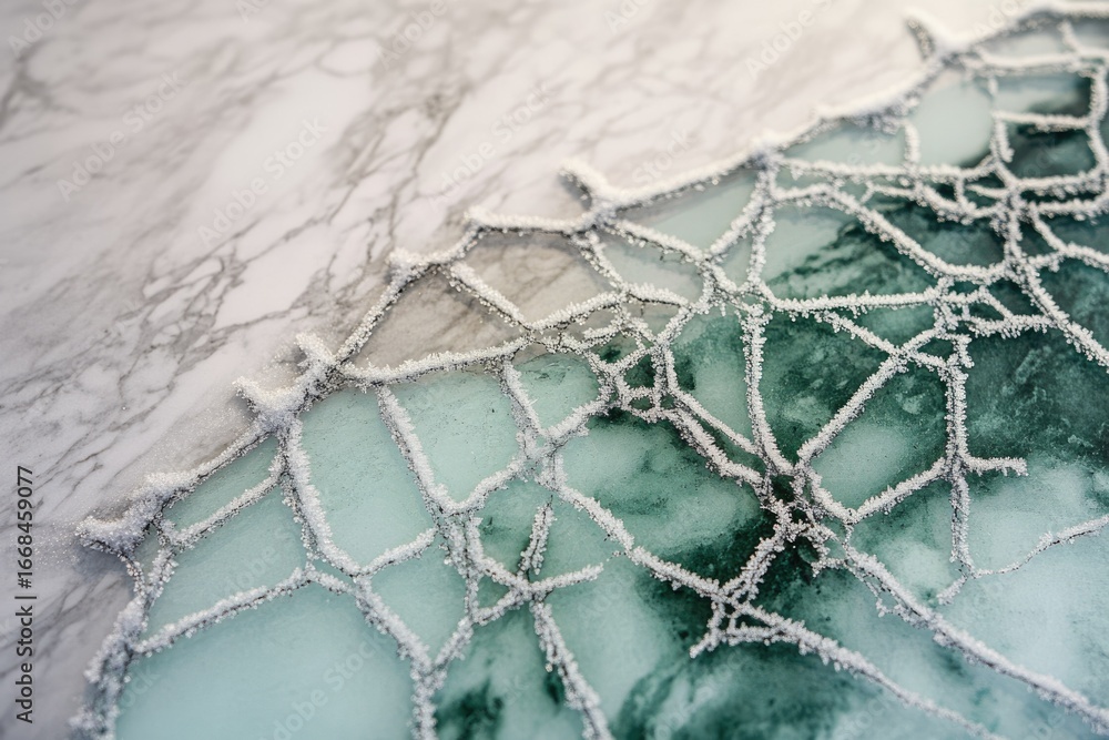 Poster frost patterns on ice resembling a delicate, intricate web against a marble background.