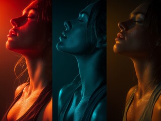 A woman with wet glowing skin looks upward with closed eyes under colorful studio lights