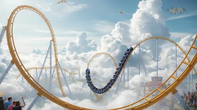 Roller coaster soaring through clouds with excited riders