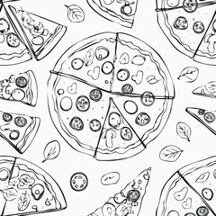Hand-drawn pizza seamless pattern sketch black and white vintage illustration