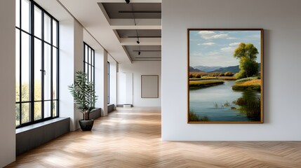 Fototapeta premium Modern Art Gallery Interior Featuring Landscape Painting and Expansive Windows with Natural Light