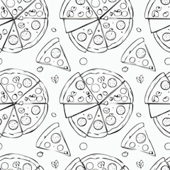 Hand-drawn pizza seamless pattern sketch black and white vintage illustration