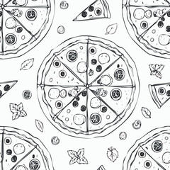 Hand-drawn pizza seamless pattern sketch black and white vintage illustration