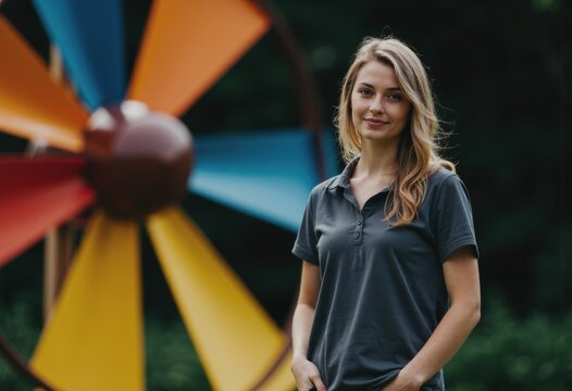 Mini-golf course attendant standing confidently near a colorful windmill obstacle - Powered by Adobe