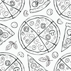Hand-drawn pizza seamless pattern sketch black and white vintage illustration