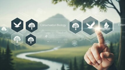 Conservation biology interface with hand touching icons over a blurred nature background view scene - Powered by Adobe