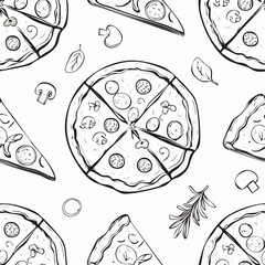 Hand-drawn pizza seamless pattern sketch black and white vintage illustration