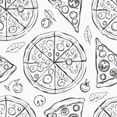 Hand-drawn pizza seamless pattern sketch black and white vintage illustration