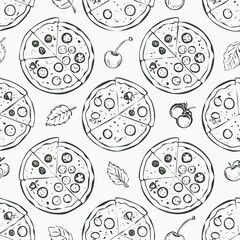 Hand-drawn pizza seamless pattern sketch black and white vintage illustration