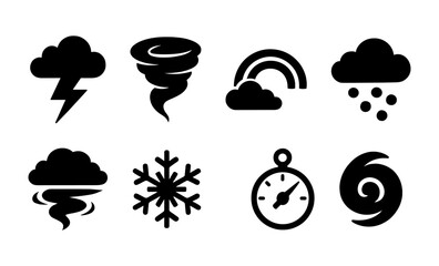 Fototapeta premium Weather icons set featuring storm, rainbow, snowflake, and tornado on dramatic sky background