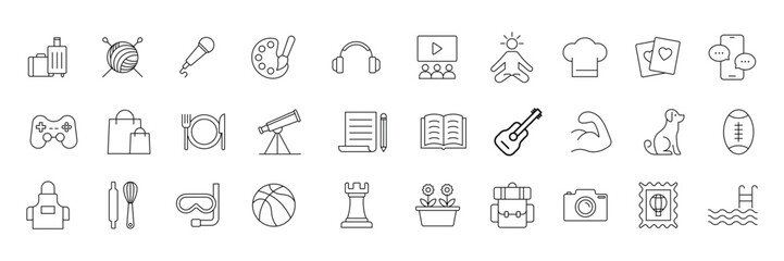 Hobby leisure travel knitting music art gaming shopping astronomy writing reading guitar cooking gardening photography sports swimming conversation as icon vector illustration.