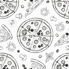Hand-drawn pizza seamless pattern sketch black and white vintage illustration