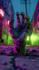 Zombie hand emerging from cracked ground with neon lights