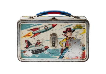 Vintage tin lunchbox isolated on transparent background, featuring retro space and cowboy designs, a nostalgic collectible for school lunches