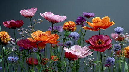 Colorful Variety of Blooming Flowers in a Garden Setting with Soft Gray Background