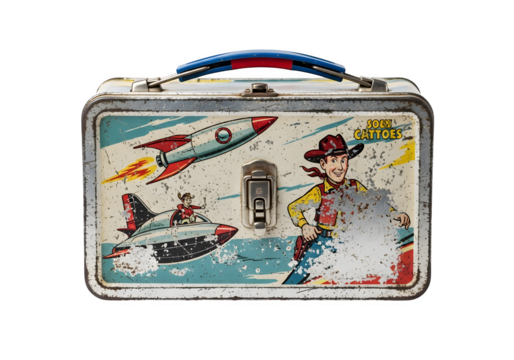 Vintage tin lunchbox isolated on transparent background, featuring retro space and cowboy designs, a nostalgic collectible for school lunches