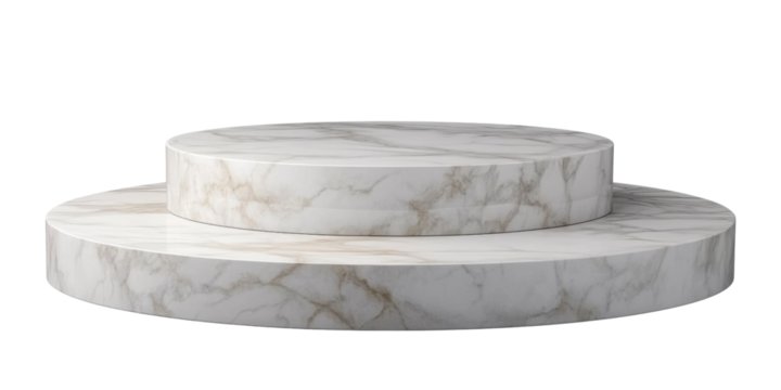 Elegant white marble display stand with a three-tiered design- perfect for showcasing products in a luxurious setting. Isolated on transparent background- png.