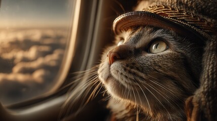 Cat in Pilot Hat Looking Out Airplane Window at Clouds, Travel Adventure, Animal Theme, Creative Concept, Close-up