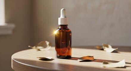 A close-up shot of an amber glass bottle with a dropper on a wooden surface, surrounded by fallen leaves, capturing a serene beauty.