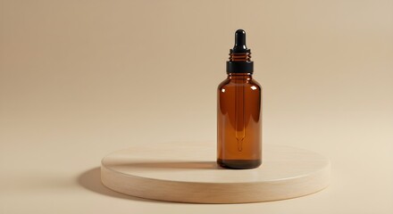 A minimalist skincare serum bottle sits atop a simple wooden podium, casting a soft shadow. Elegant simplicity and neutral tones converge to evoke a sense of purity, naturalness, and wellness.