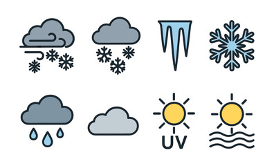 Weather icons set featuring storms, snowflakes, and temperature variations in flat design