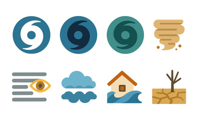 Weather icons set: hurricane, typhoon, dust storm, visibility, drought, and more