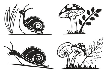 Cute Snail and Mushroom Illustrations in Black and White.