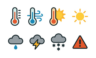 Obraz premium Weather icons: temperature, wind, heat, sun, rain, storm, snow, alert symbols in flat style