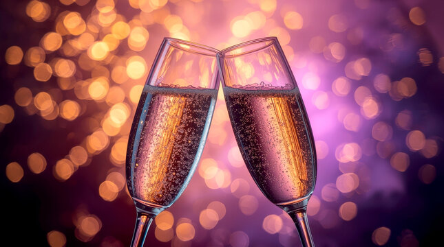 Champagne glasses purple with fireworks. festive, close-up shot of two flutes of sparkling champagne, clinking together in a toast, with bright golden and purple fireworks exploding