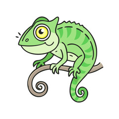 Cute green chameleon perched on a branch with cartoon illustration style