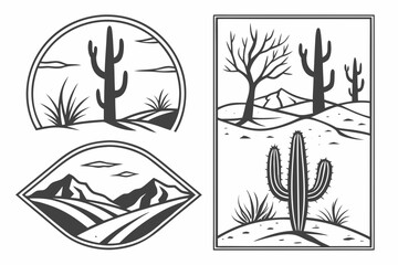 Desert Landscape Illustrations with Cacti and Mountains.
