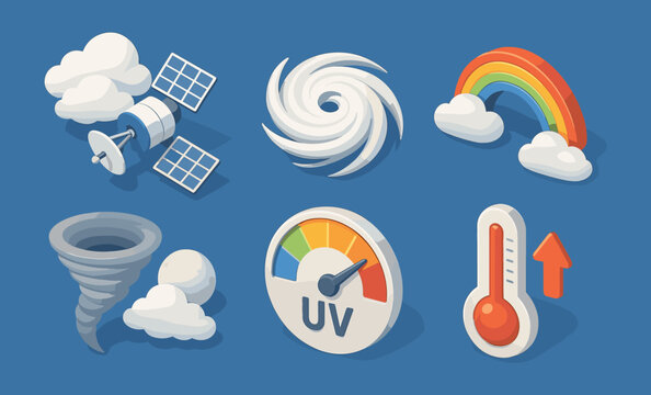 Weather icons set featuring isometric elements and colorful designs