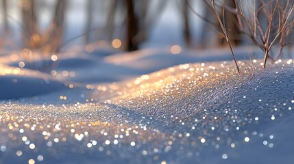 Glistening Snow Cover Sparkling In The Morning Light With Frosty Grass And Soft Background