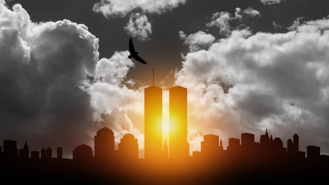 Silhouette of Towers with soaring eagle on background of black and white sky. 09.11.2001 American Patriot Day banner. Video with inscription.
