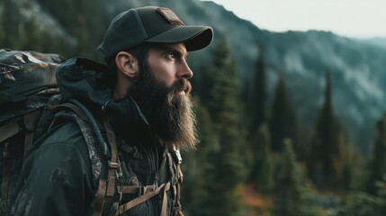 Portrait of a rugged outdoorsman with a full beard and backpack, looking out over a misty mountain forest. Represents adventure, hiking, exploration, solitude, and survival