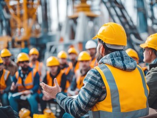 A safety supervisor in a hard hat conducts a briefing for a team of workers at a construction or drilling site. This represents leadership, instruction, and workplace safety meetings.